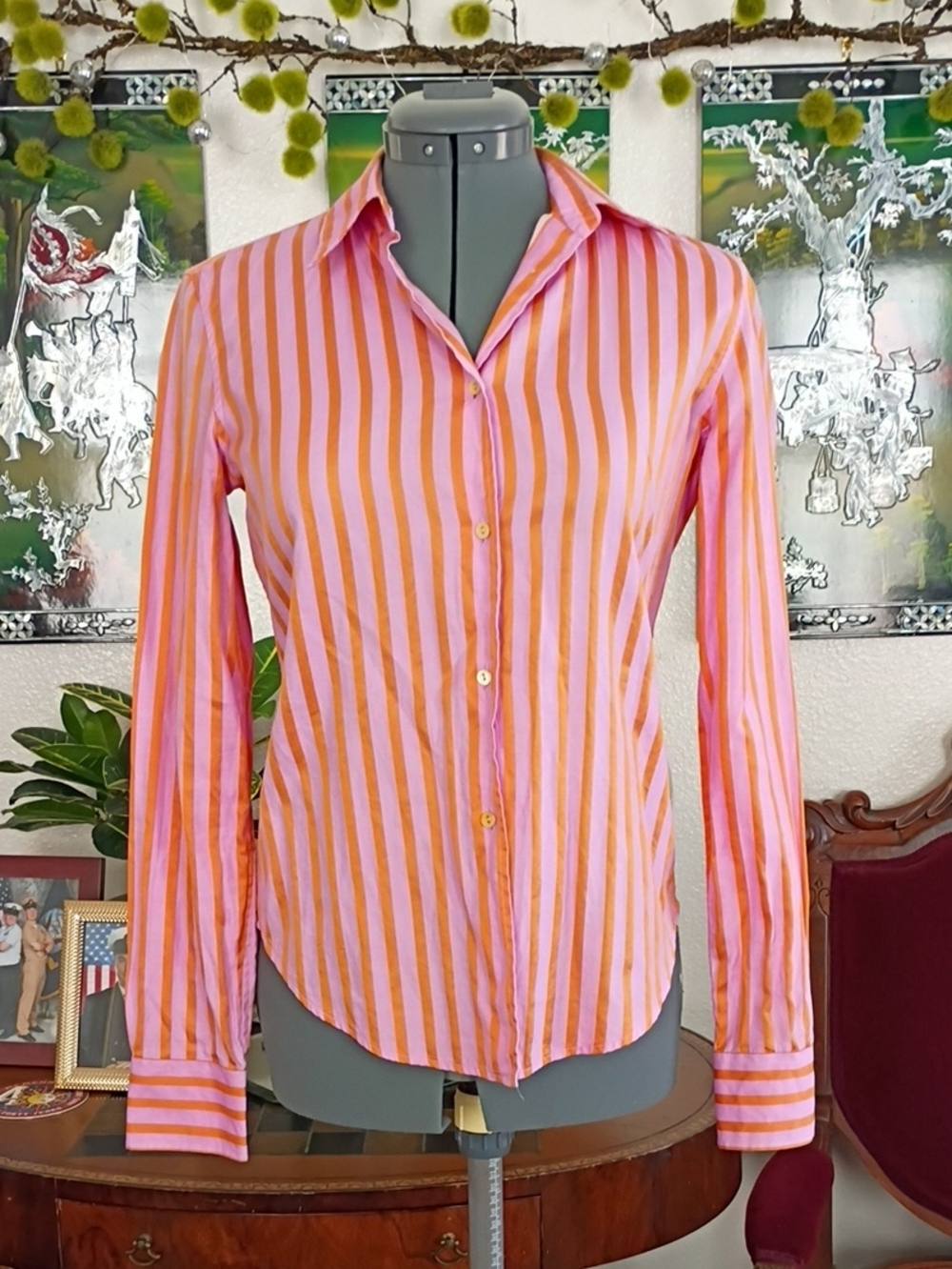 loro piana Pink And Orange Stripe Long Sleeve Button-down Shirt Size Extra Smal